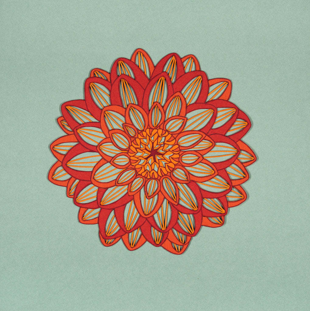 Dahlia Hortensis ‘Red Sky’ hand cut paper art by Yola and Daria