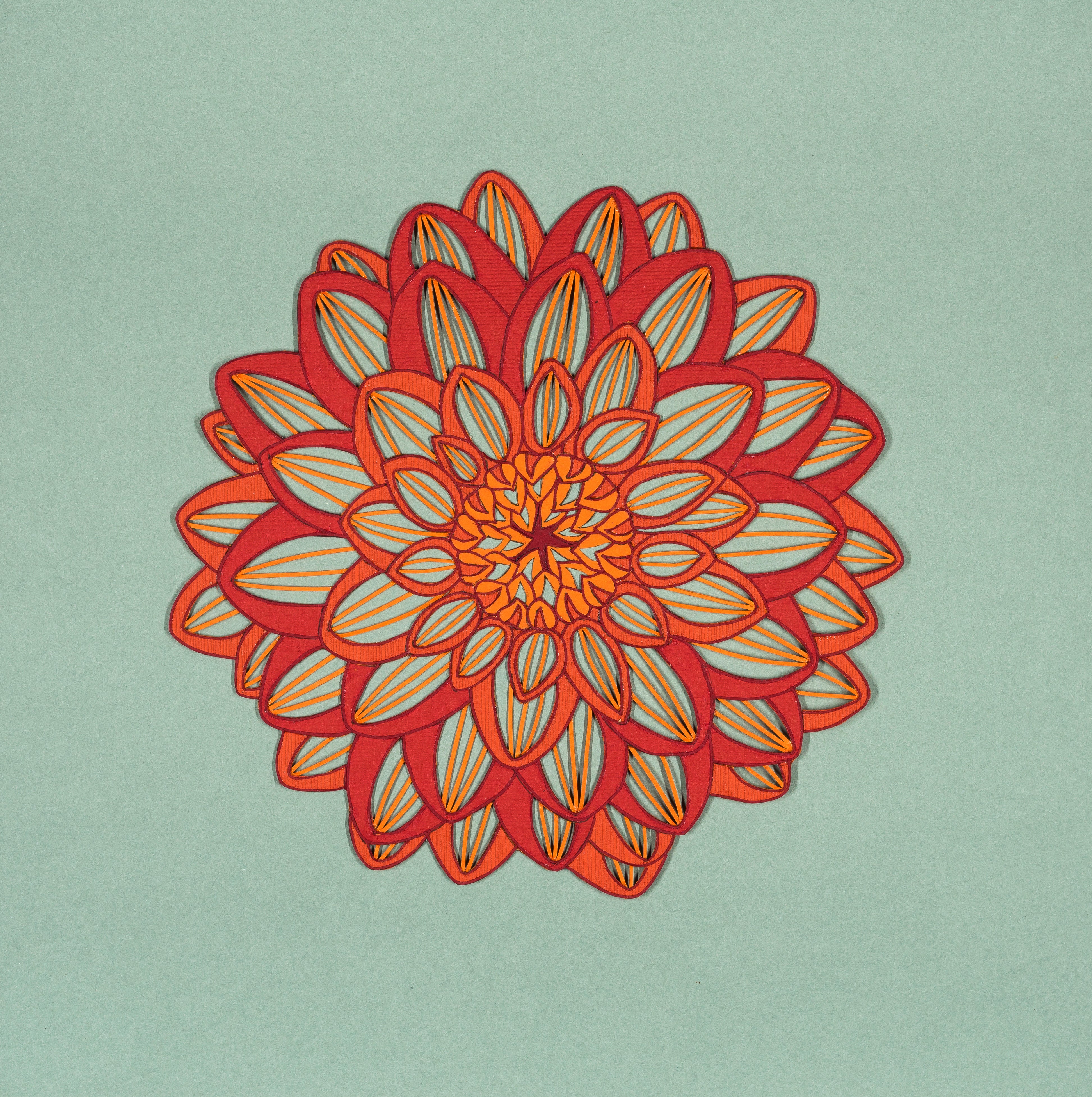Dahlia Hortensis ‘Red Sky’ hand cut paper art by Yola and Daria